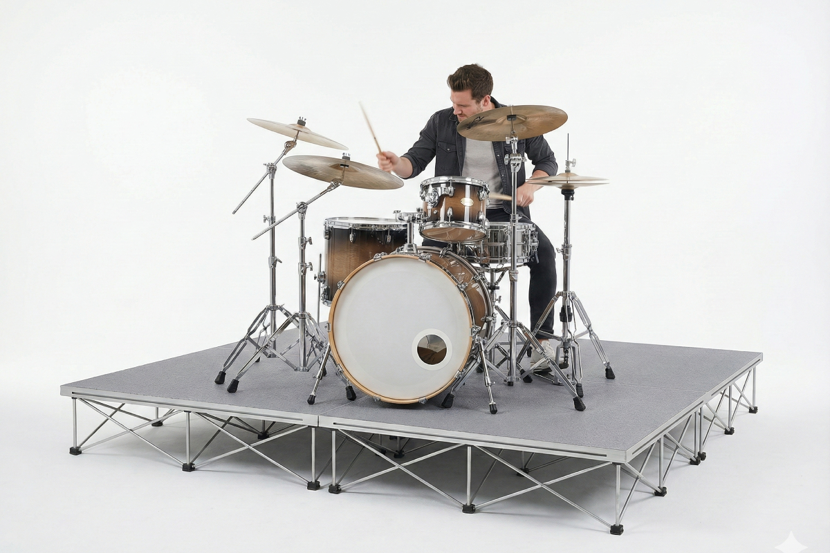Person playing a drum on a LimeLight Lite Series 8x8 drum riser stage riser in Wood Laminate at 8" height. Ideal for schools, churches, and event professionals.
