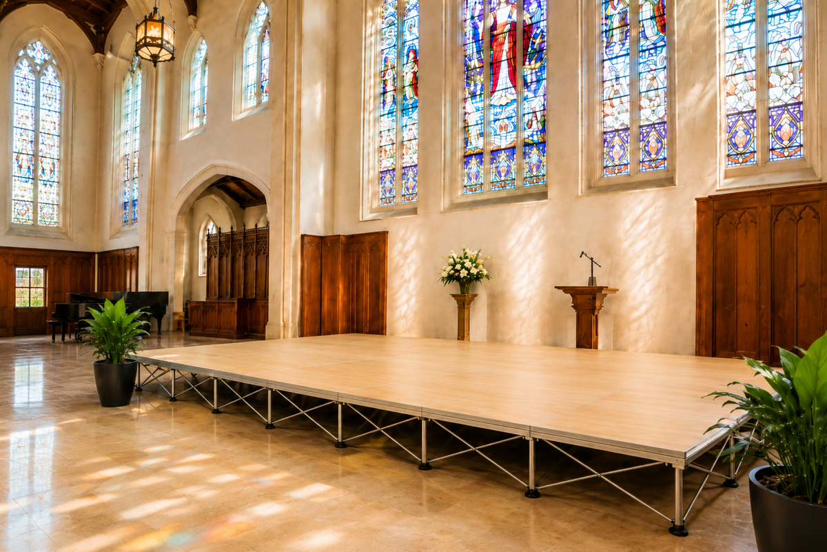 LimeLight modular church stage in a sanctuary with stained glass windows and wood-finish portable stage platforms.