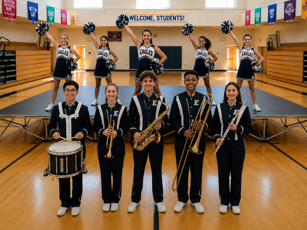 LimeLight modular school stage with cheerleaders and marching band students practicing during a school assembly.