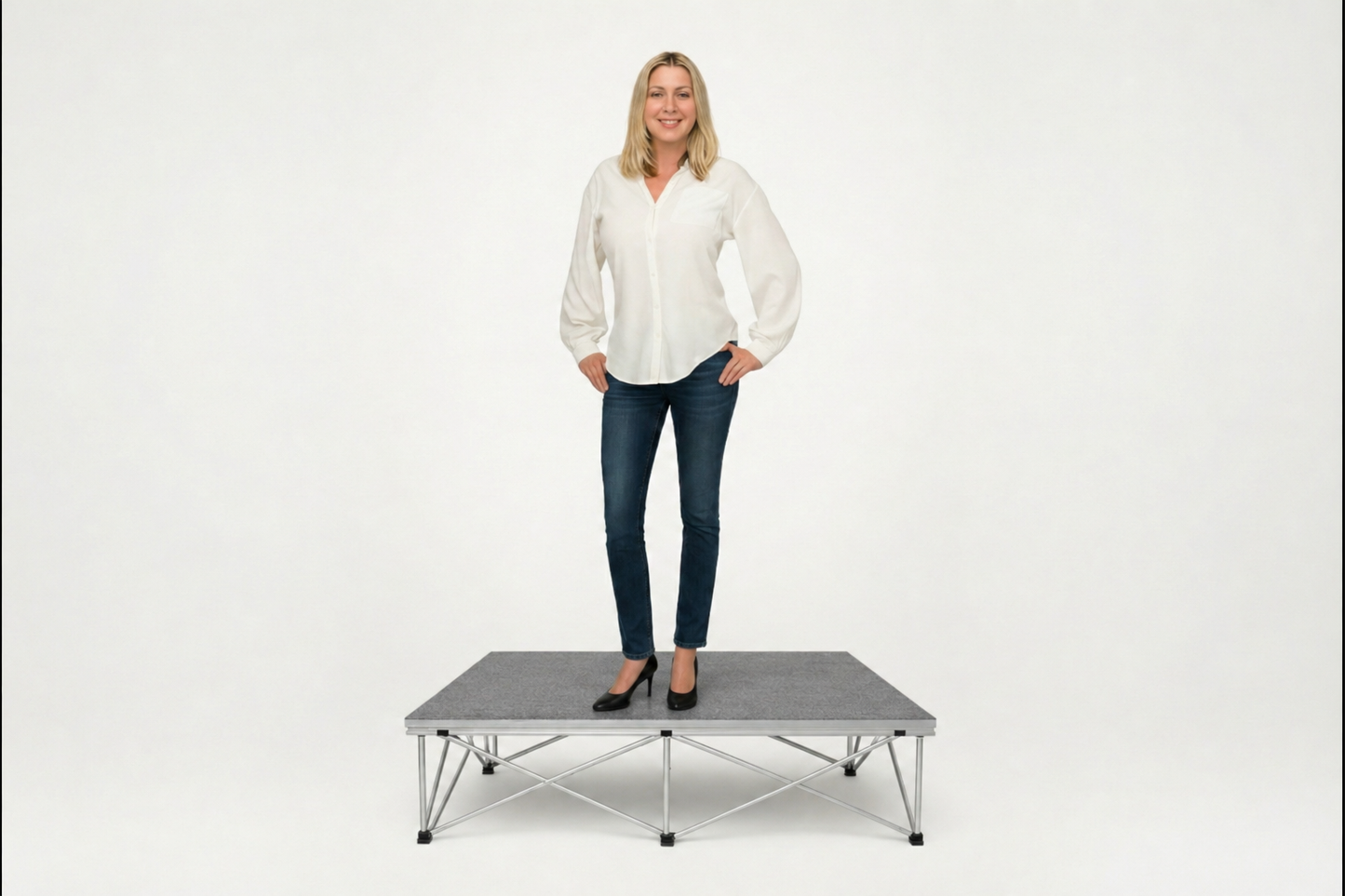 LimeLight portable stage platform and riser combination with woman, 8 inches high, with gray carpet finish.