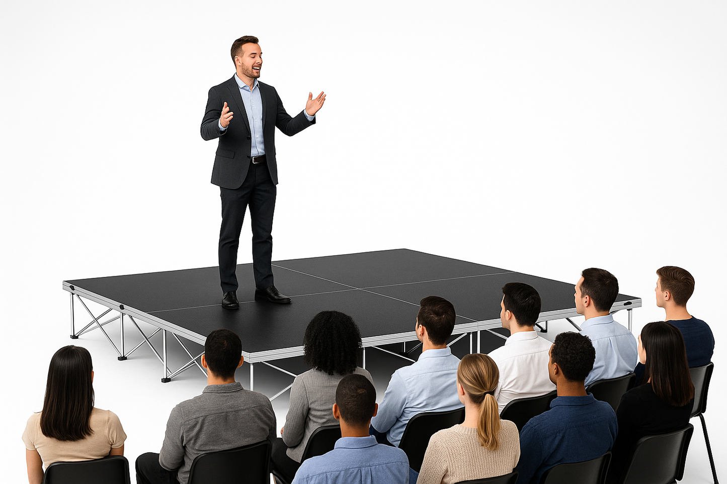 Man giving a presentation to an audience on a LimeLight Lite Series 12x12 modular stage platform in Black HexCoat Laminate at 16" height. Ideal for schools, churches, and event professionals.