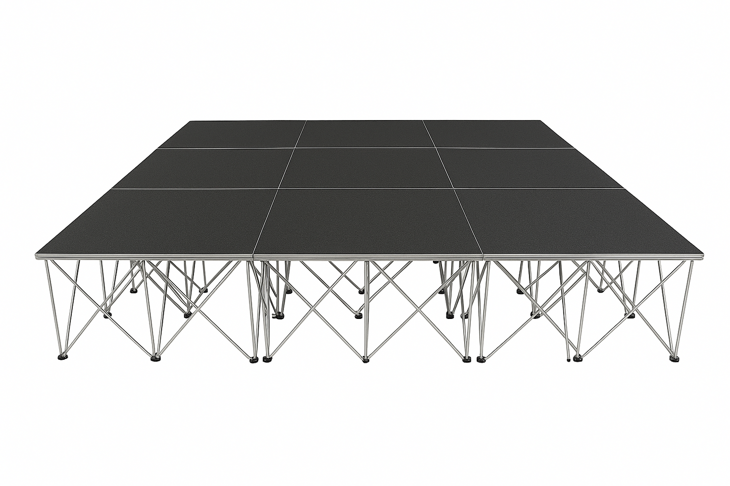 LimeLight Lite Series 12x12 modular stage platform in Black HexCoat Laminate at 24" height. Ideal for schools, churches, and event professionals.