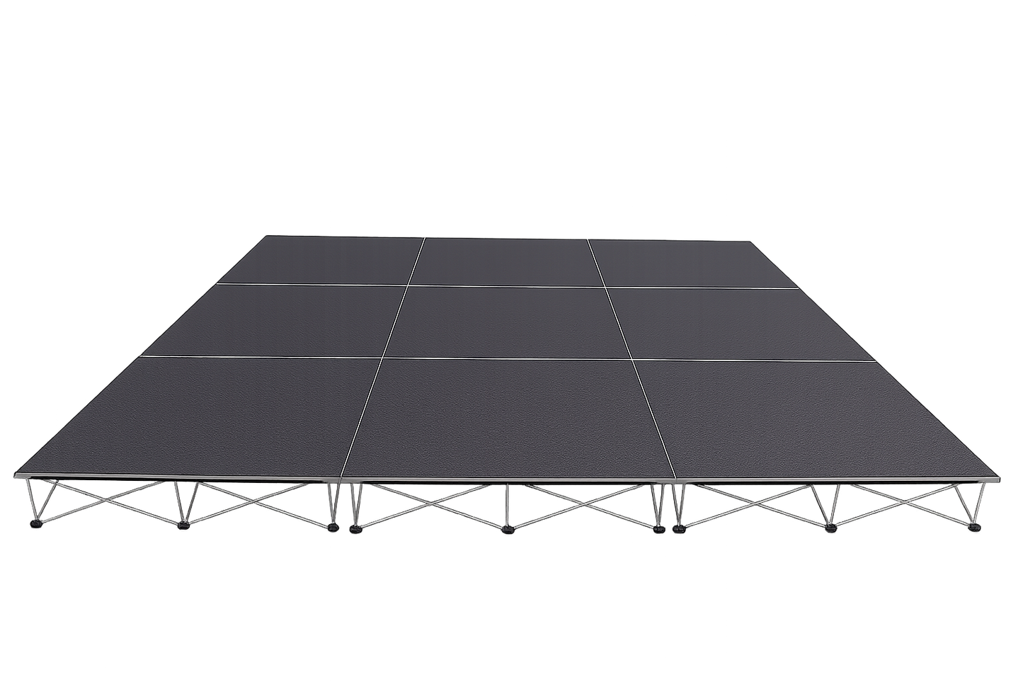 LimeLight Lite Series 12x12 modular stage platform in Black HexCoat Laminate at 8" height. Ideal for schools, churches, and event professionals.