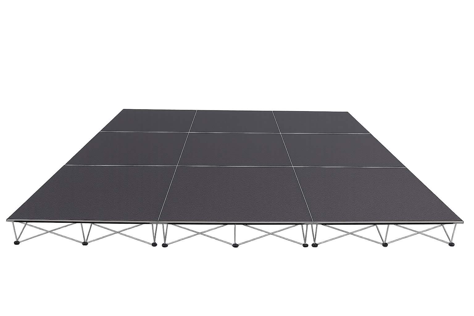LimeLight Lite Series 12x12 modular stage platform in Black HexCoat Laminate at 8" height. Ideal for schools, churches, and event professionals.