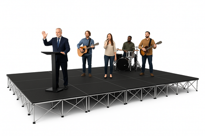 Stage with a speaker at a podium and musicians with instruments on a LimeLight Lite Series 12x24 stair system in Black HexCoat Laminate at 16" height. Ideal for schools, churches, and event professionals.