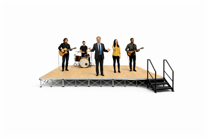 Church stage with a pastor and musicians with instruments on a LimeLight Lite Series 12x24 stair system in Wood Laminate at 16" height with 1 set of stairs. Ideal for churches, schools, and event professionals.