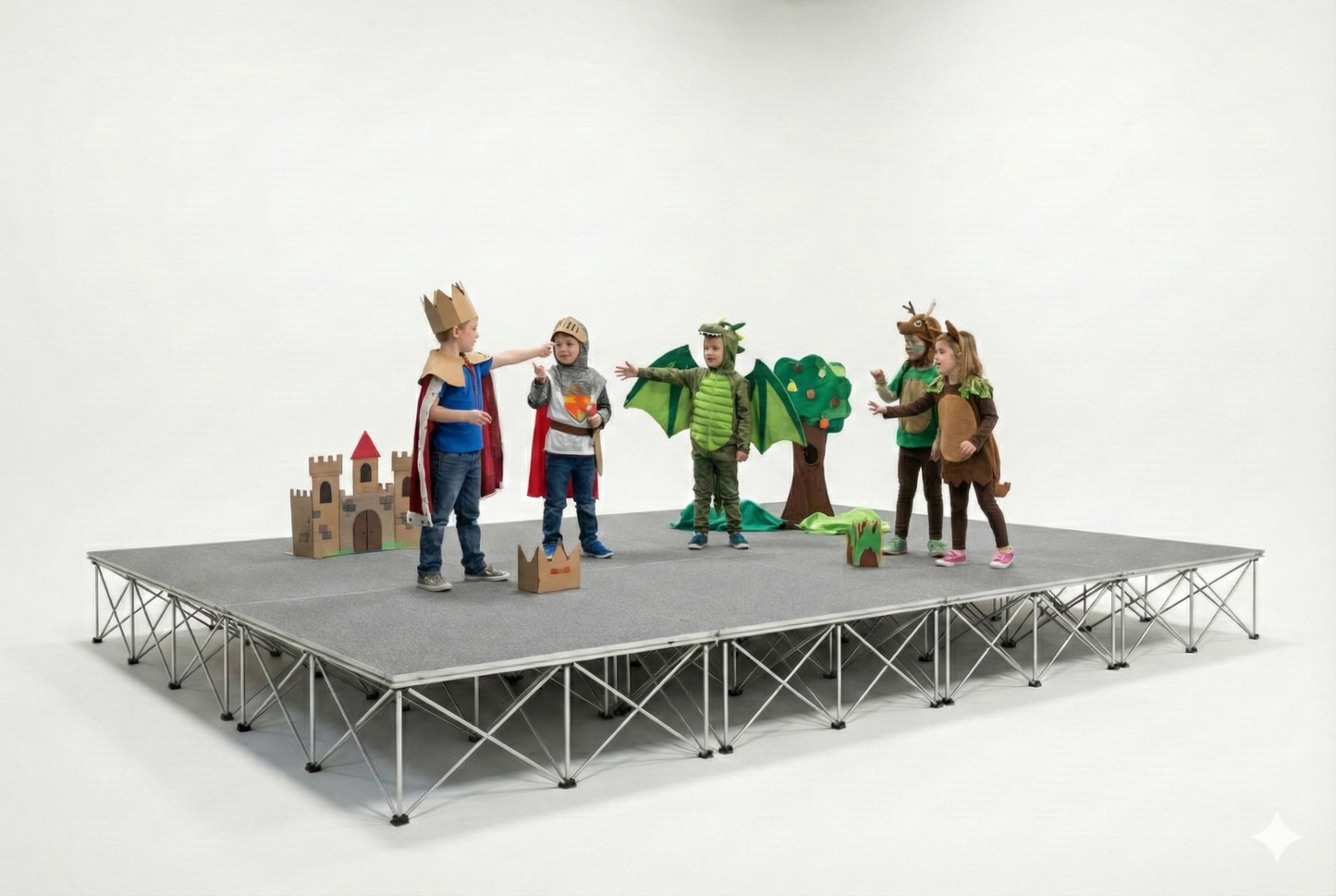 Children in costumes with props on a LimeLight Lite Series 16x12 modular stage platform in Grey Carpet at 16" height. Ideal for schools, churches, and event professionals.