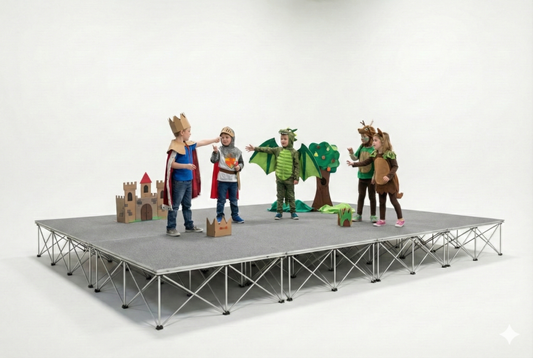 Children in costumes with props on a LimeLight Lite Series 16x12 modular stage platform in Grey Carpet at 16" height. Ideal for schools, churches, and event professionals.