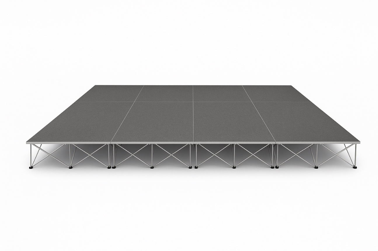 LimeLight Lite Series 16x12 modular stage platform in Grey Carpet at 16" height. Ideal for schools, churches, and event professionals.