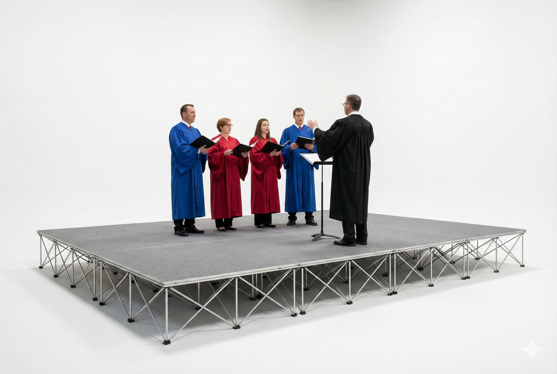 Group of people in colorful robes on a LimeLight Lite Series 16x12 modular stage platform in Grey Carpet at 24" height. Ideal for schools, churches, and event professionals.