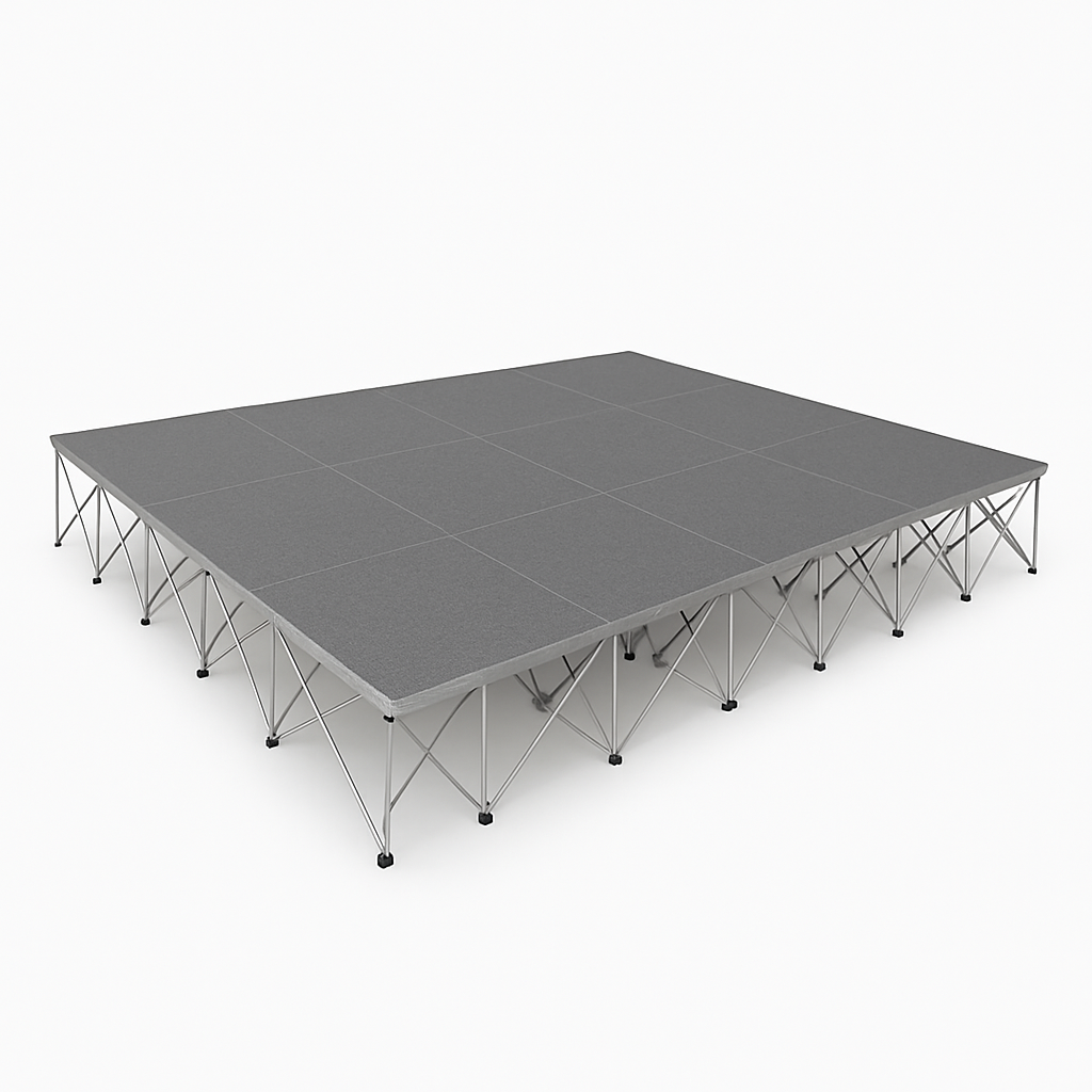 LimeLight Lite Series 16x12 modular stage platform in Grey Carpet at 32" height. Ideal for schools, churches, and event professionals.
