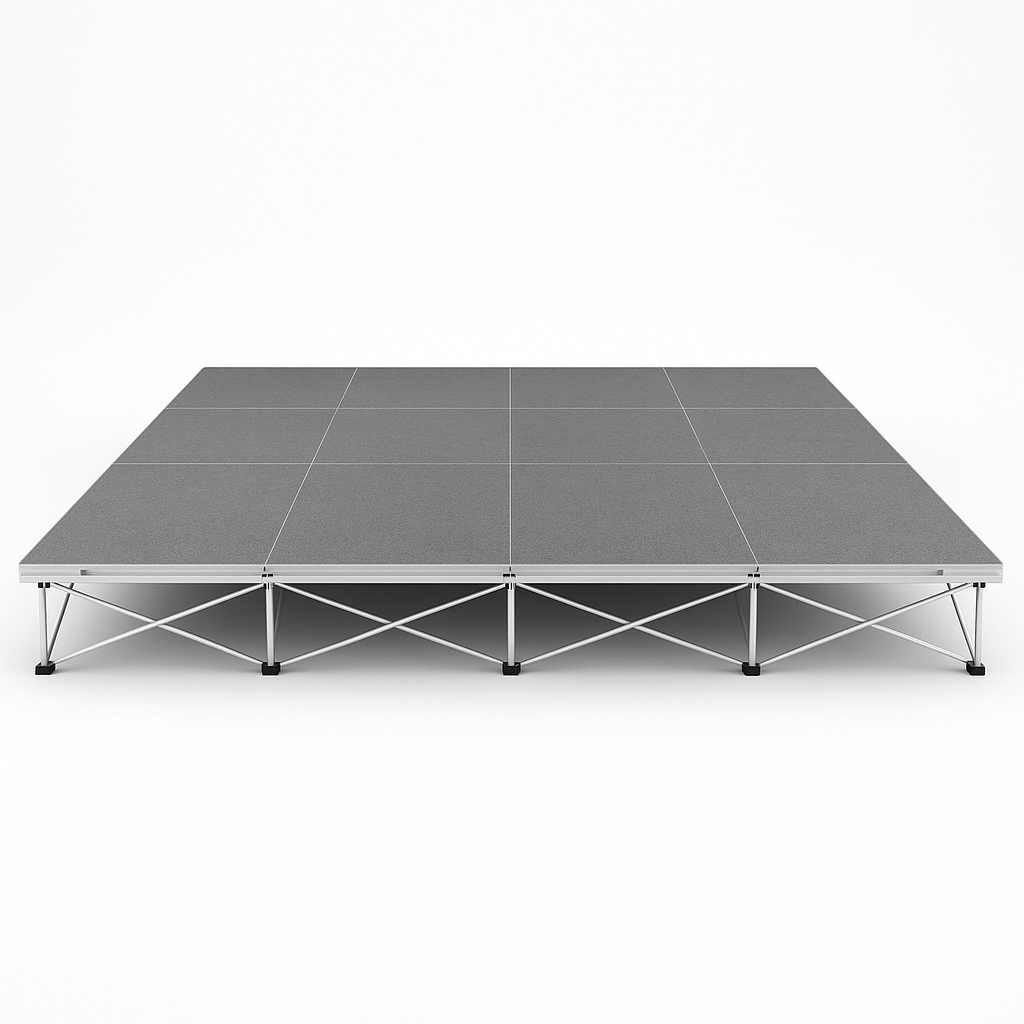 LimeLight Lite Series 16x12 modular stage platform in Grey Carpet at 8" height. Ideal for schools, churches, and event professionals.