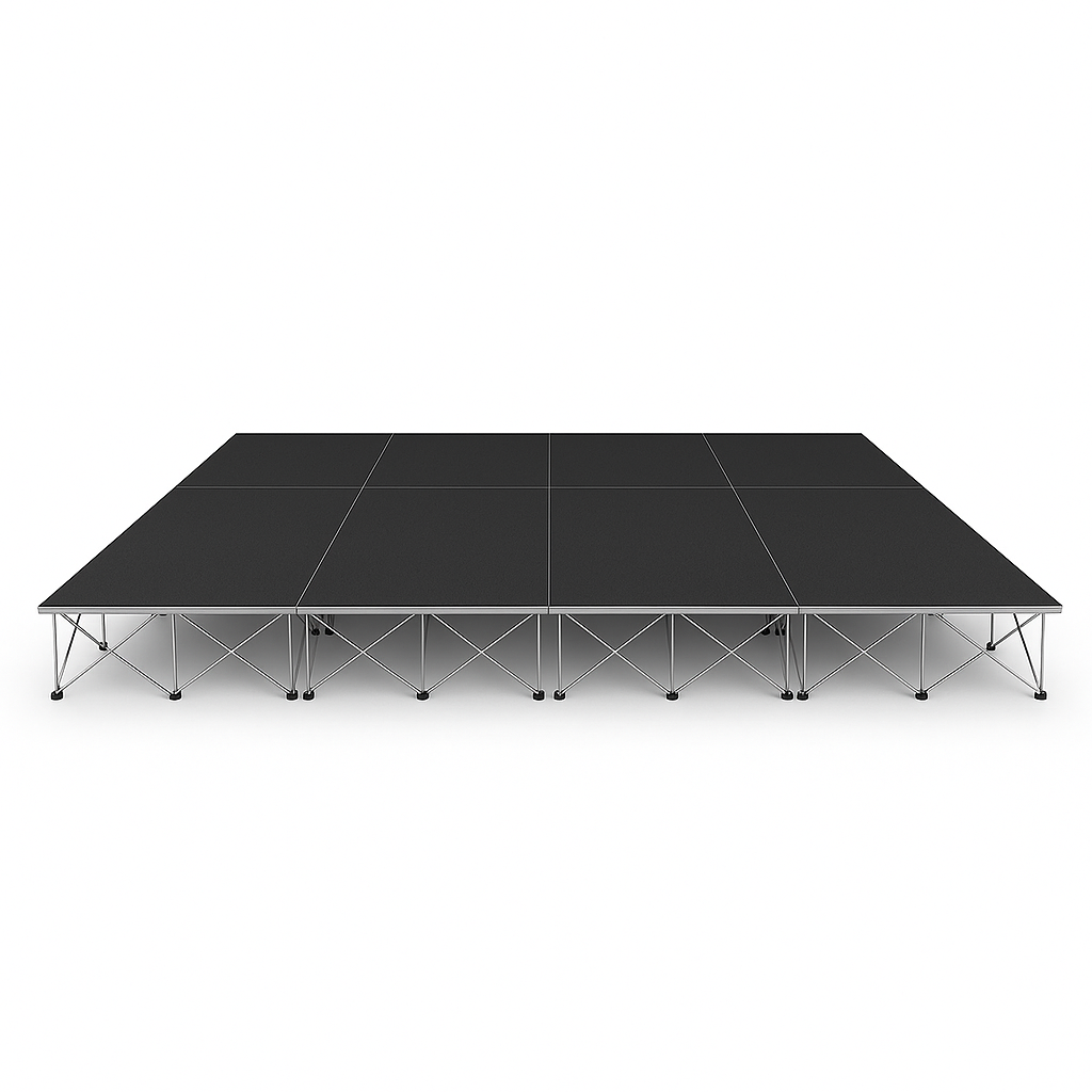 LimeLight Lite Series 16x12 modular stage platform in Black HexCoat Laminate at 16" height. Ideal for schools, churches, and event professionals.