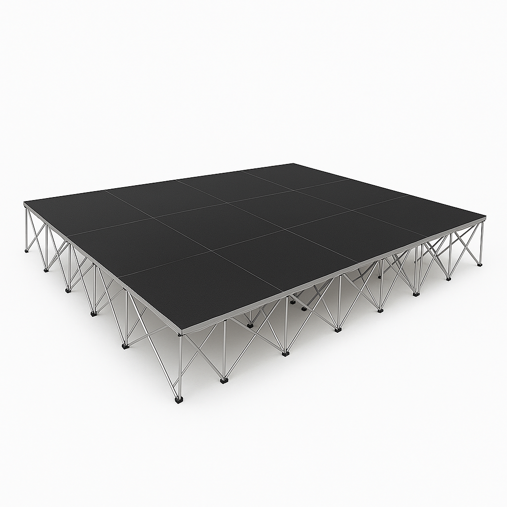 LimeLight Lite Series 16x12 modular stage platform in Black HexCoat Laminate at 32" height. Ideal for schools, churches, and event professionals.