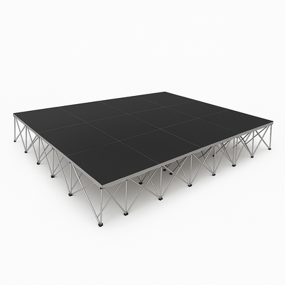 LimeLight Lite Series 16x12 modular stage platform in Black HexCoat Laminate at 32" height. Ideal for schools, churches, and event professionals.