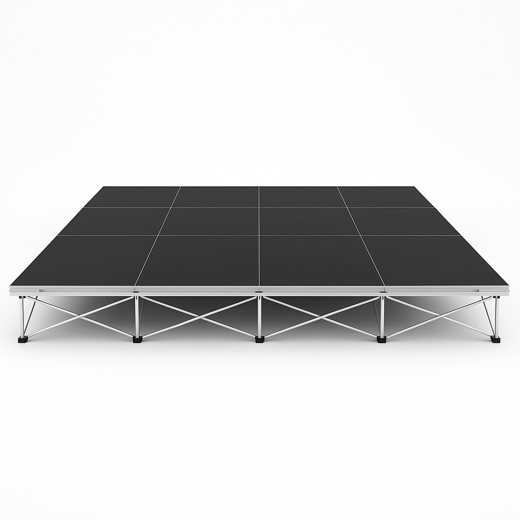 LimeLight Lite Series 16x12 modular stage platform in Black HexCoat Laminate at 8" height. Ideal for schools, churches, and event professionals.