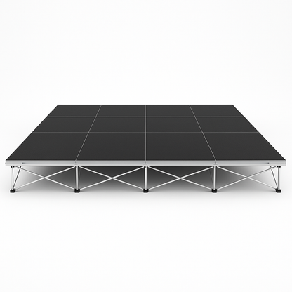 LimeLight Lite Series 16x12 modular stage platform in Black HexCoat Laminate at 8" height. Ideal for schools, churches, and event professionals.
