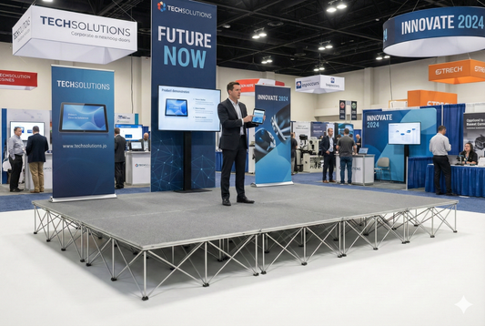 Man standing on a stage at a trade show on LimeLight Lite Series 16x12 modular stage platform in Wood Laminate at 16" height. Ideal for schools, churches, and event professionals.