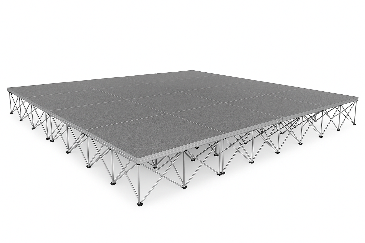 LimeLight Lite Series 16x16 modular stage platform in Grey Carpet at 24" height. Ideal for schools, churches, and event professionals.