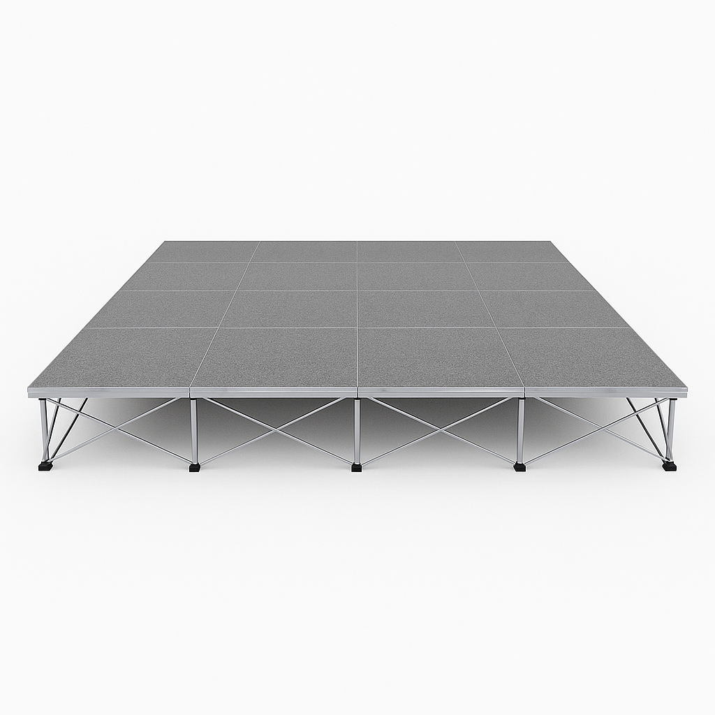 LimeLight Lite Series 16x16 modular stage platform in Grey Carpet at 8" height. Ideal for schools, churches, and event professionals.