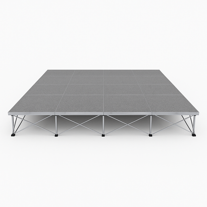 LimeLight Lite Series 16x16 modular stage platform in Grey Carpet at 8" height. Ideal for schools, churches, and event professionals.