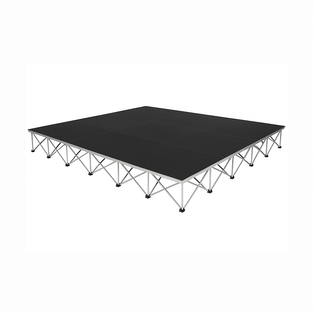 LimeLight Lite Series 16x16 modular stage platform in Black HexCoat Laminate at 16" height. Ideal for schools, churches, and event professionals.