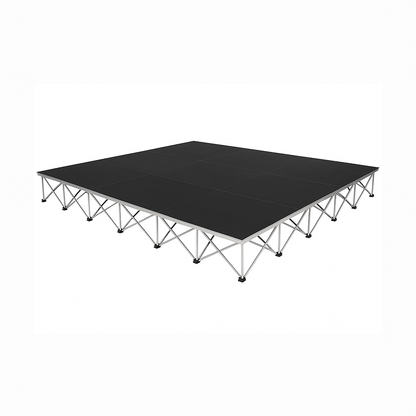 LimeLight Lite Series 16x16 modular stage platform in Black HexCoat Laminate at 16" height. Ideal for schools, churches, and event professionals.