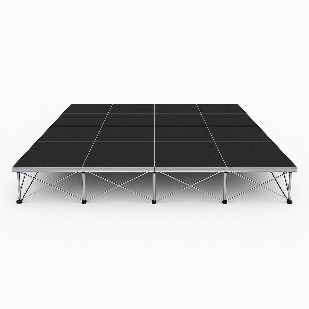 LimeLight Lite Series 16x16 modular stage platform in Black HexCoat Laminate at 8" height. Ideal for schools, churches, and event professionals.