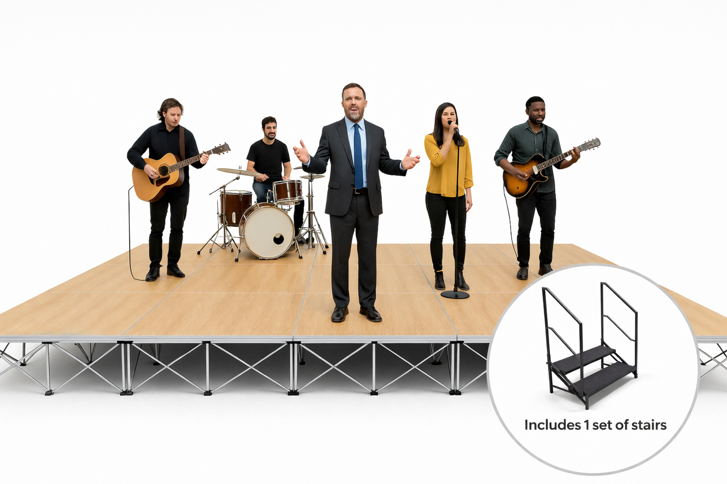 Church stage with a pastor and musicians with instruments on a LimeLight Lite Series 12x24 stair system in Wood Laminate at 16" height with 1 set of stairs. Ideal for churches, schools, and event professionals.