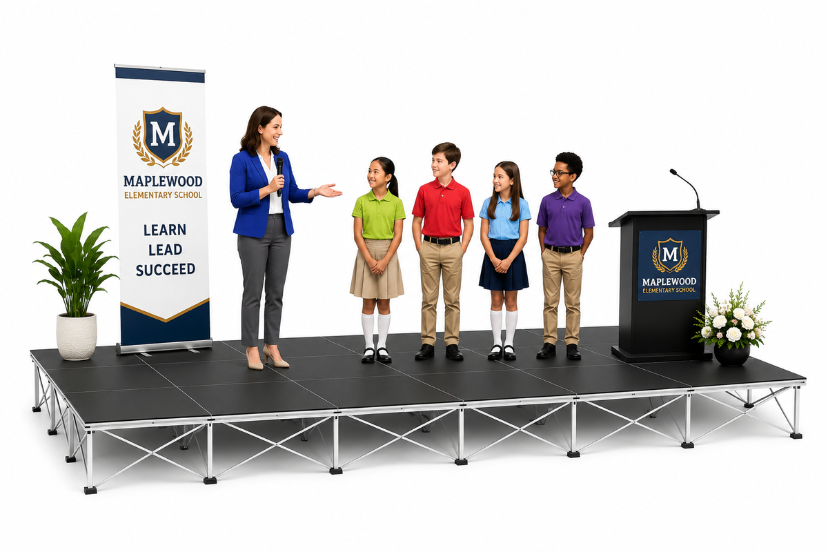 Students and teacher on a LimeLight portable modular stage for school events.