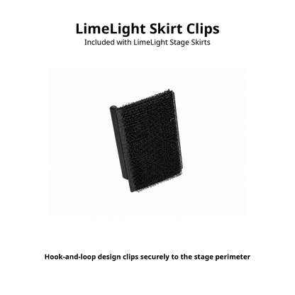 LimeLight stage skirt clips for securely attaching skirting to portable stage platforms.