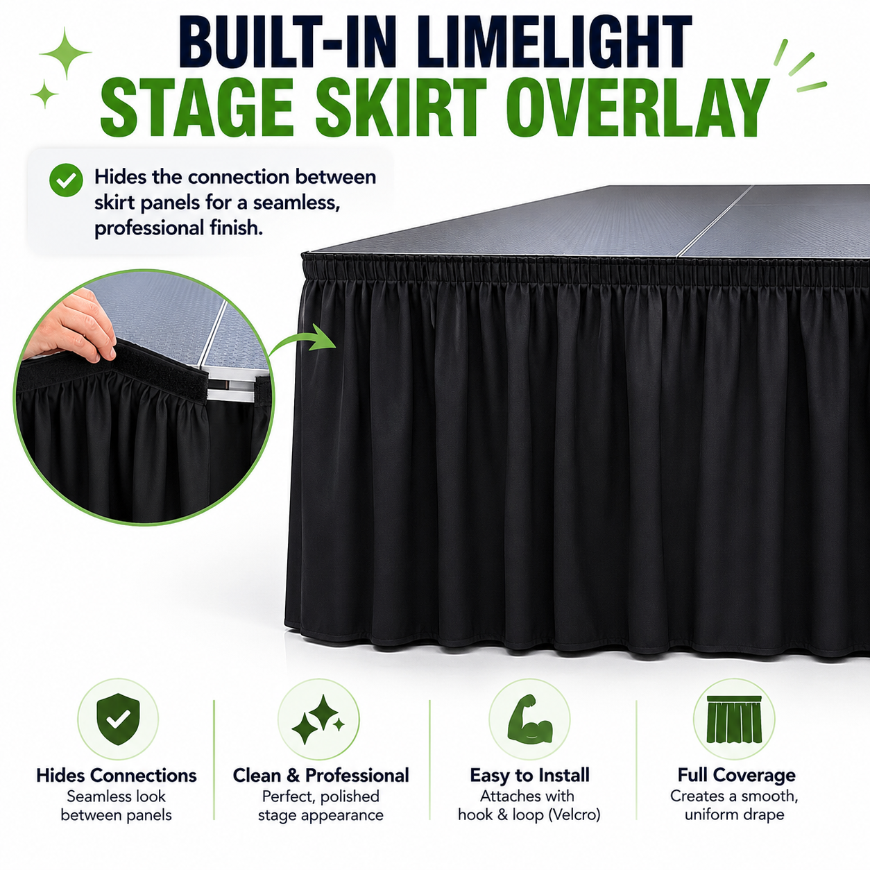 LimeLight stage skirt overlay feature for a clean, finished appearance on portable stages.
