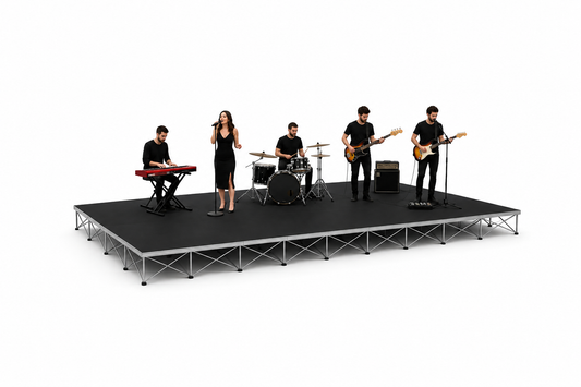 Live band performing on a LimeLight portable stage at a pop-up event.