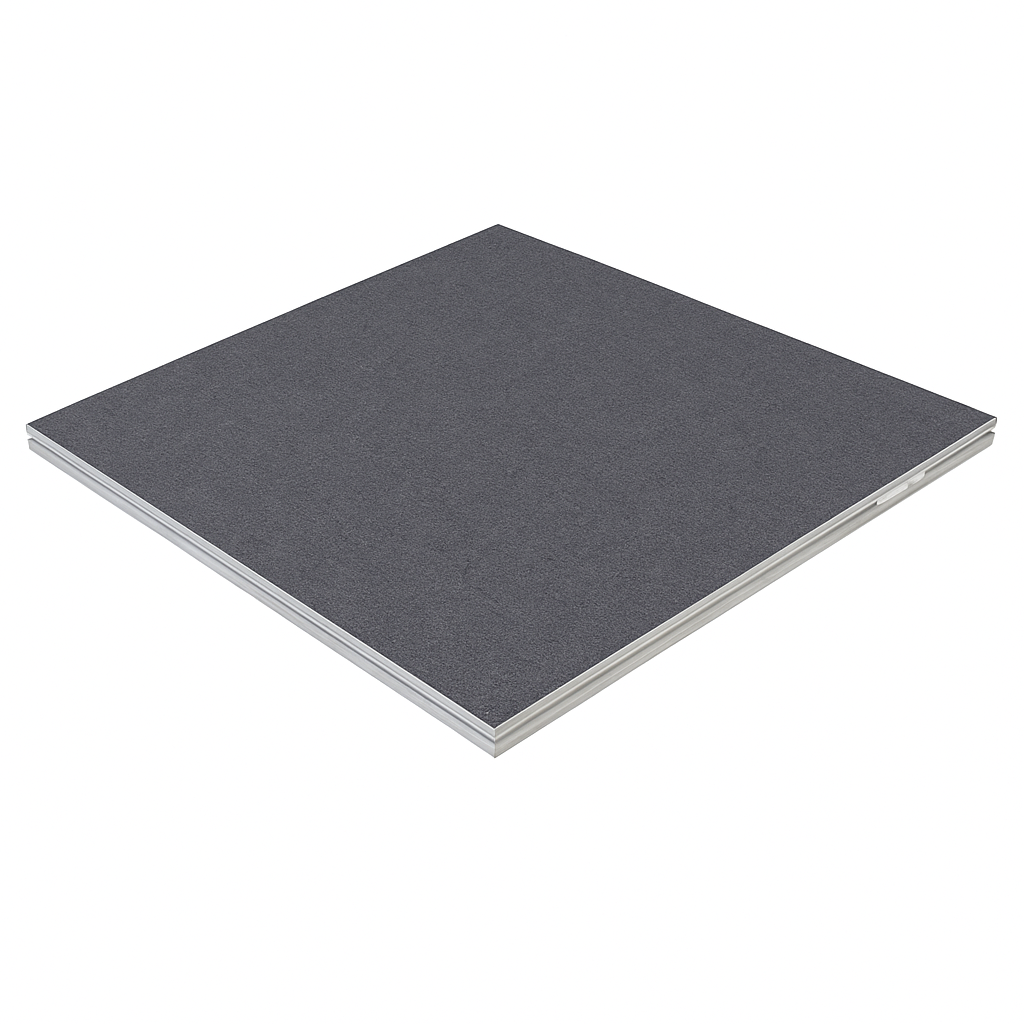 LimeLight Lite Series 4x4 modular stage platform in Grey Carpet. Ideal for schools, churches, and event professionals.