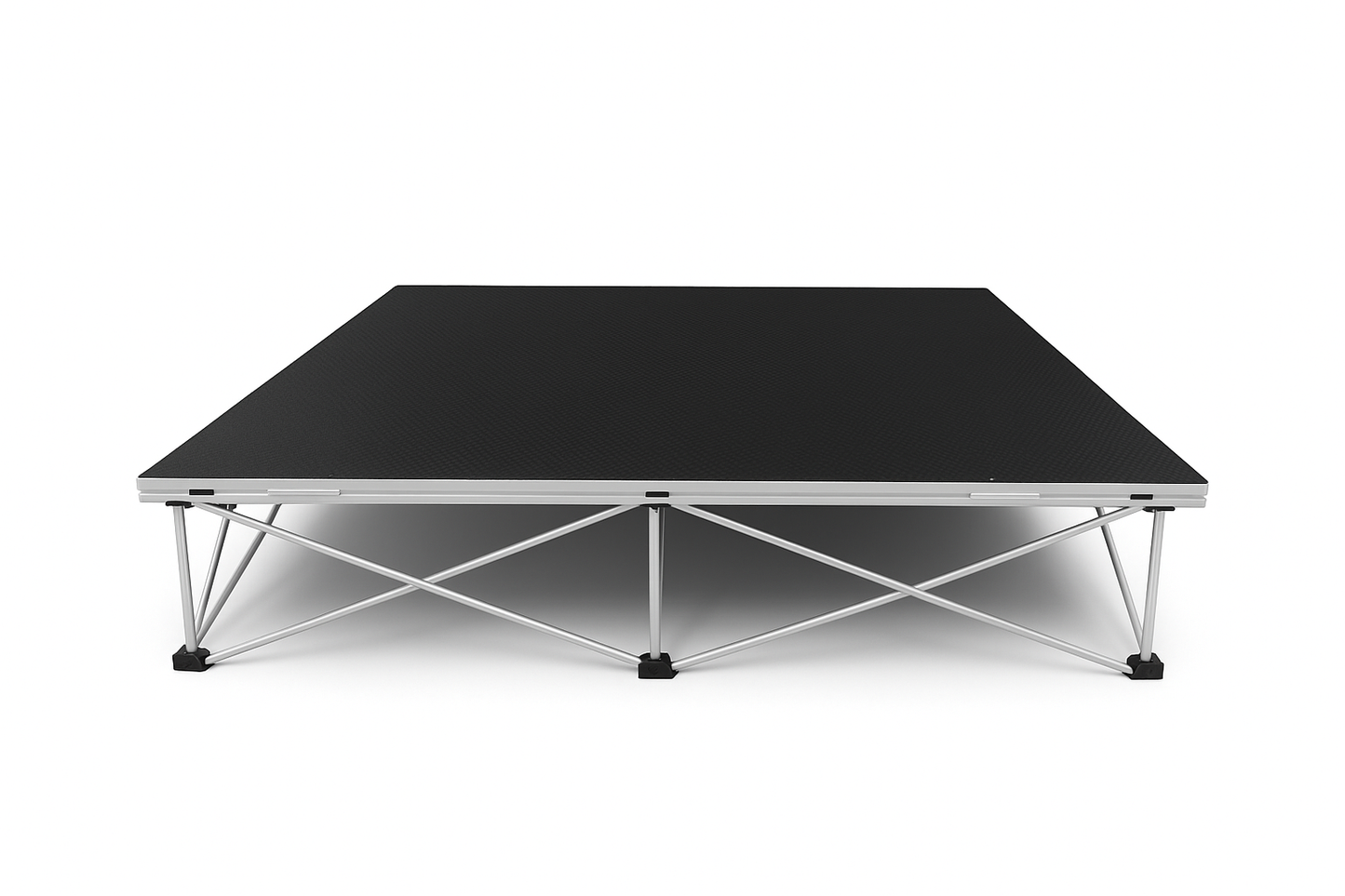 LimeLight Lite Series 4x4 stage riser in Black HexCoat Laminate at 8" height. Ideal for schools, churches, and event professionals.