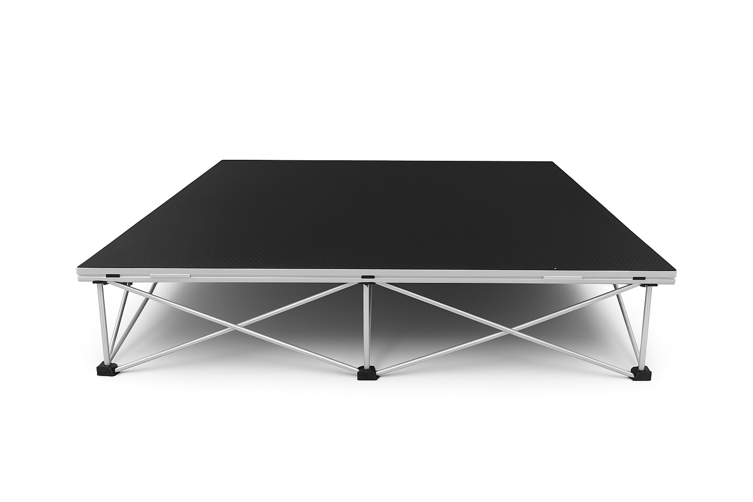 LimeLight Lite Series 4x4 stage riser in Black HexCoat Laminate at 8" height. Ideal for schools, churches, and event professionals.