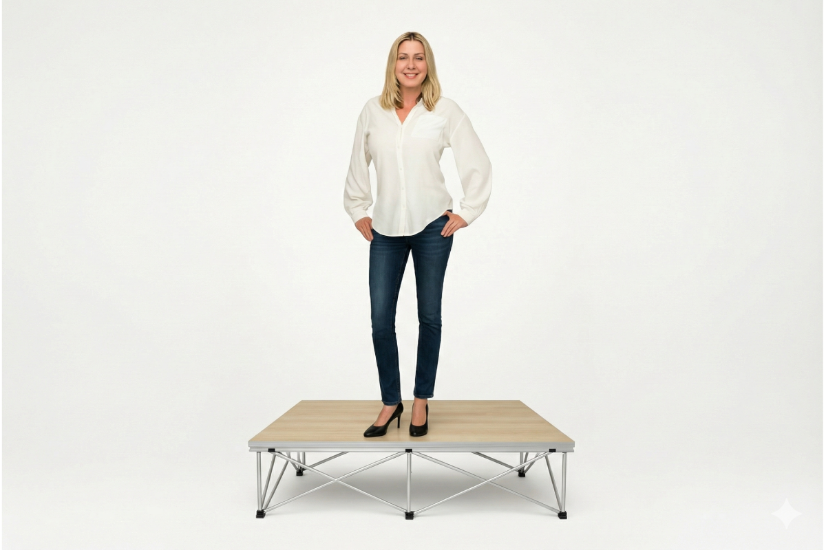 Woman standing on a LimeLight Lite Series 4x4 stage riser in Grey Carpet at 8" height. Ideal for schools, churches, and event professionals.