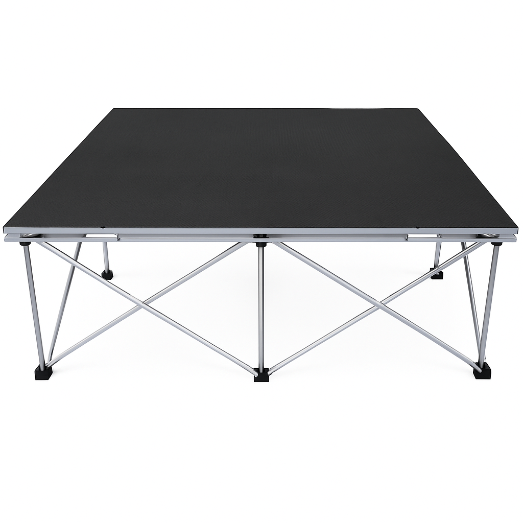 LimeLight Lite Series 4x4 stage riser in Black HexCoat Laminate at 16" height. Ideal for schools, churches, and event professionals.