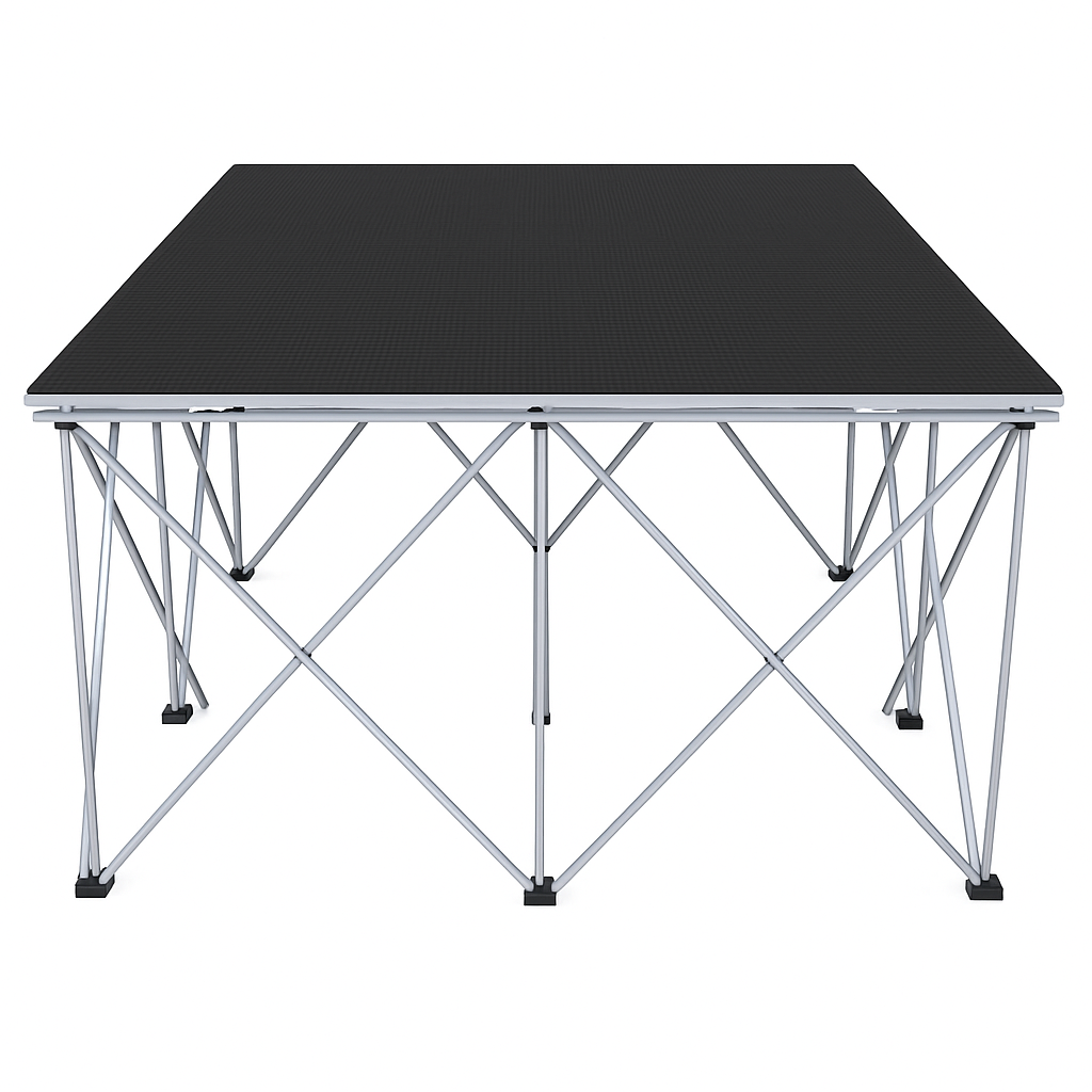 LimeLight Lite Series 4x4 stage riser in Black HexCoat Laminate at 32" height. Ideal for schools, churches, and event professionals.