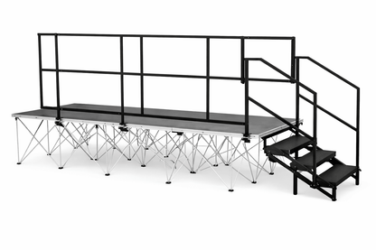 LimeLight 2 step stage stair system with dual height design, steel construction, and handrails for safe access to portable stage platforms. Integrates easily to Limelight guardrails. Ideal for schools, churches, and event staging.