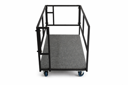 LimeLight Stages heavy-duty portable stage storage cart with black powder-coated steel frame, carpeted deck, and locking casters, designed to safely transport and store LimeLight 4'x4' modular stage platforms.