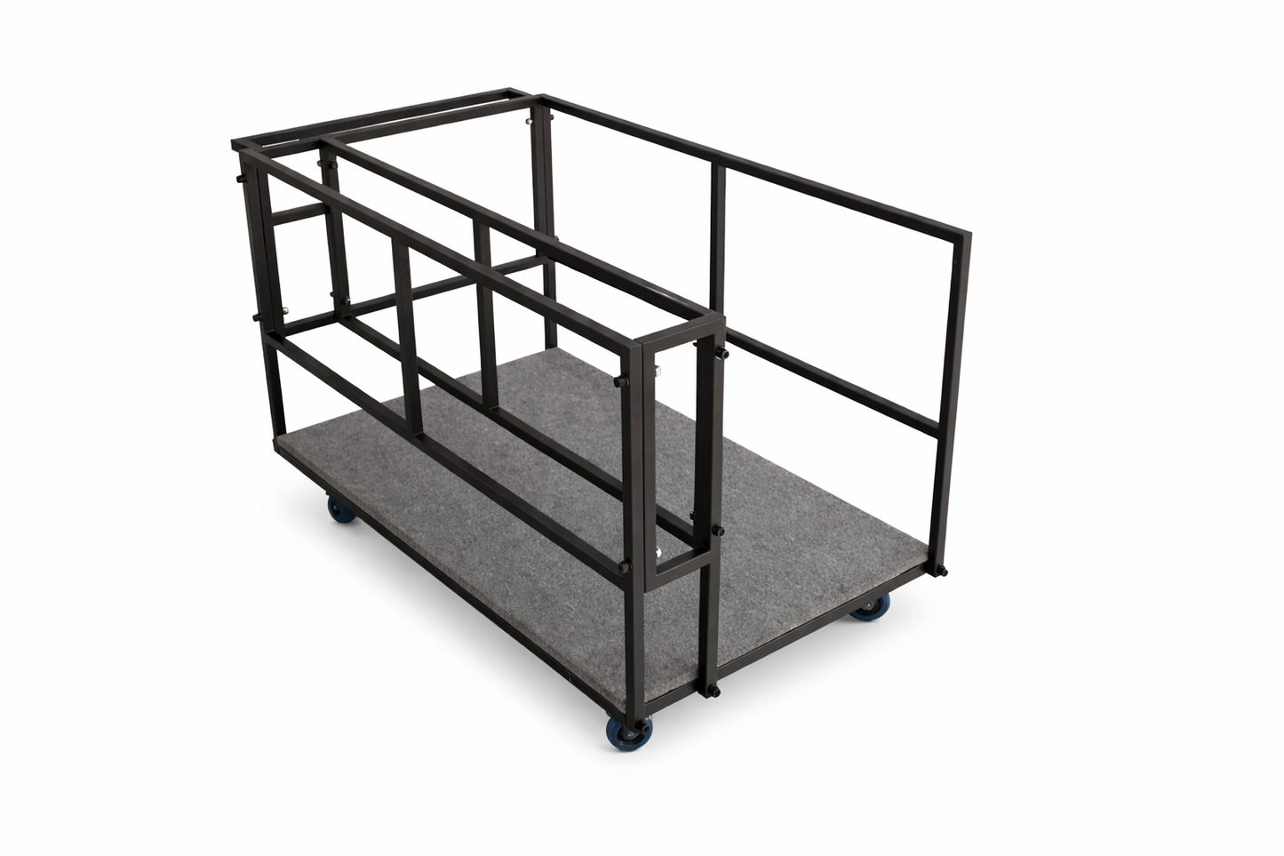 LimeLight Stages heavy-duty portable stage storage cart with black powder-coated steel frame, carpeted deck, and locking casters, designed to safely transport and store LimeLight 4'x4' modular stage platforms.
