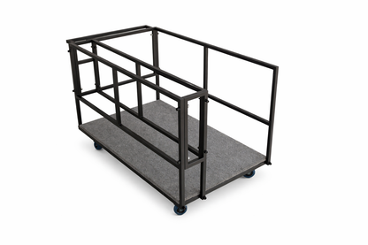 LimeLight Stages heavy-duty portable stage storage cart with black powder-coated steel frame, carpeted deck, and locking casters, designed to safely transport and store LimeLight 4'x4' modular stage platforms.