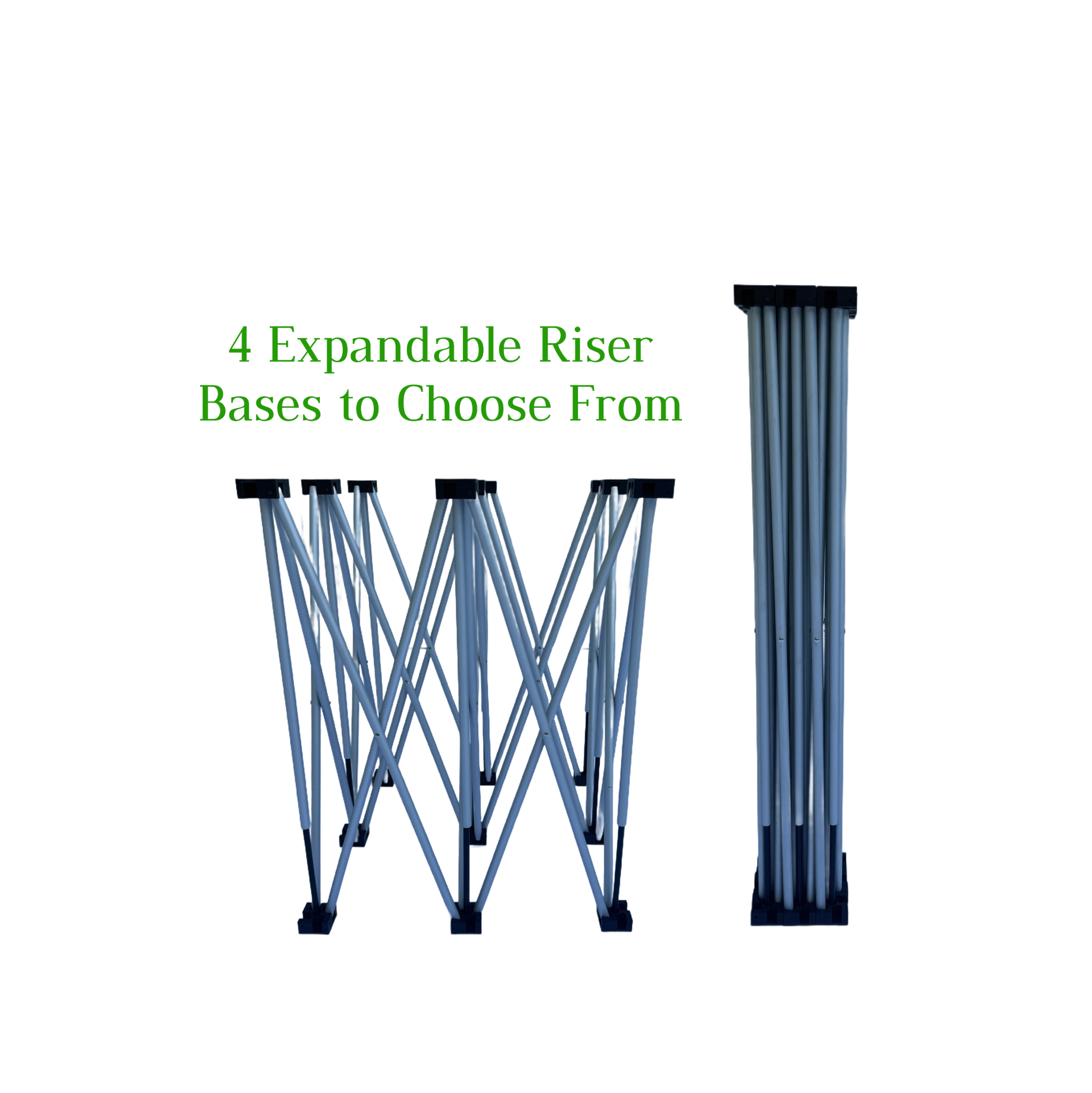 LimeLight stage X riser bases shown in tow different sizes for portable stage platforms. Ideal for schools, churches, and event professionals.