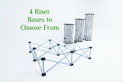 LimeLight stage X riser bases shown in four different sizes for portable stage platforms. Expanded leg system, ideal for schools, churches, and event professionals.