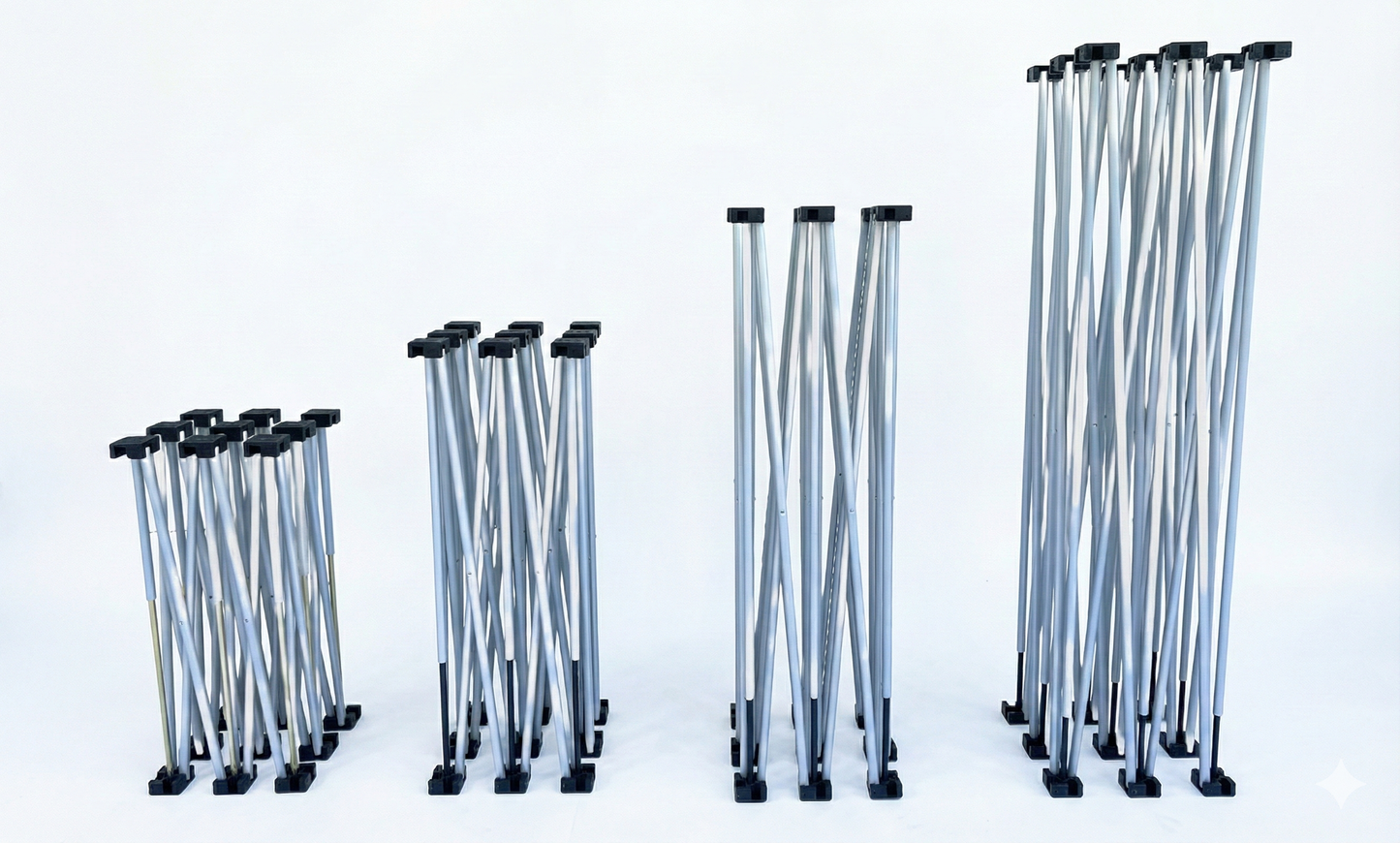 LimeLight stage X riser bases shown in four different sizes for portable stage platforms. Ideal for schools, churches, and event professionals.