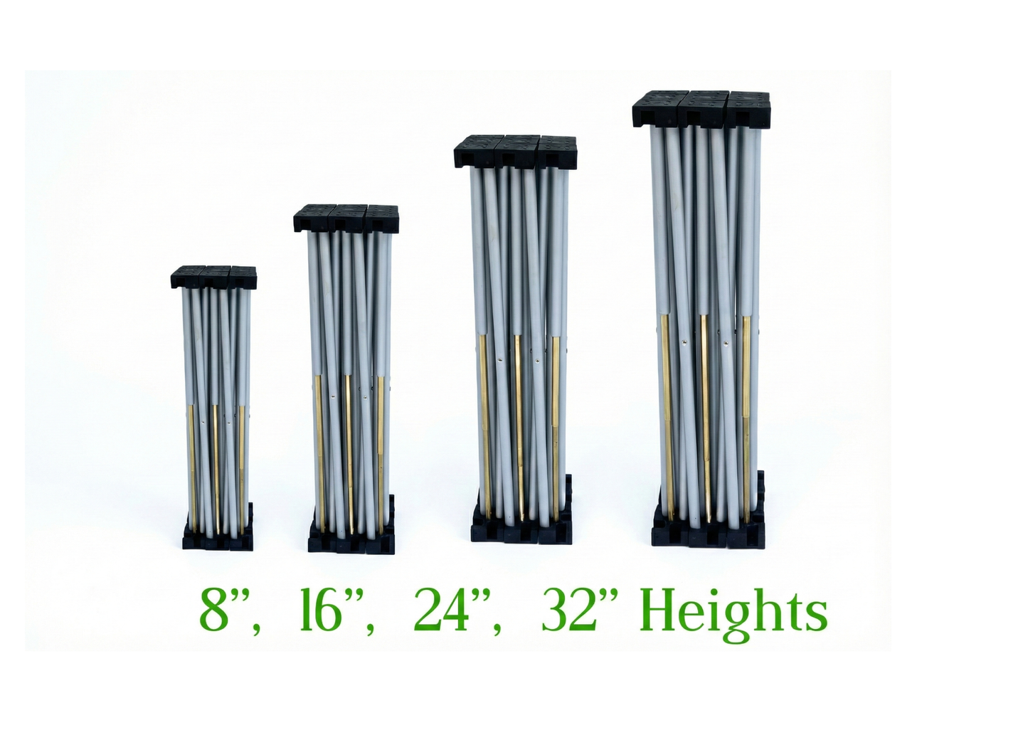 LimeLight stage X riser bases shown in four different sizes for portable stage platforms. Ideal for schools, churches, and event professionals.