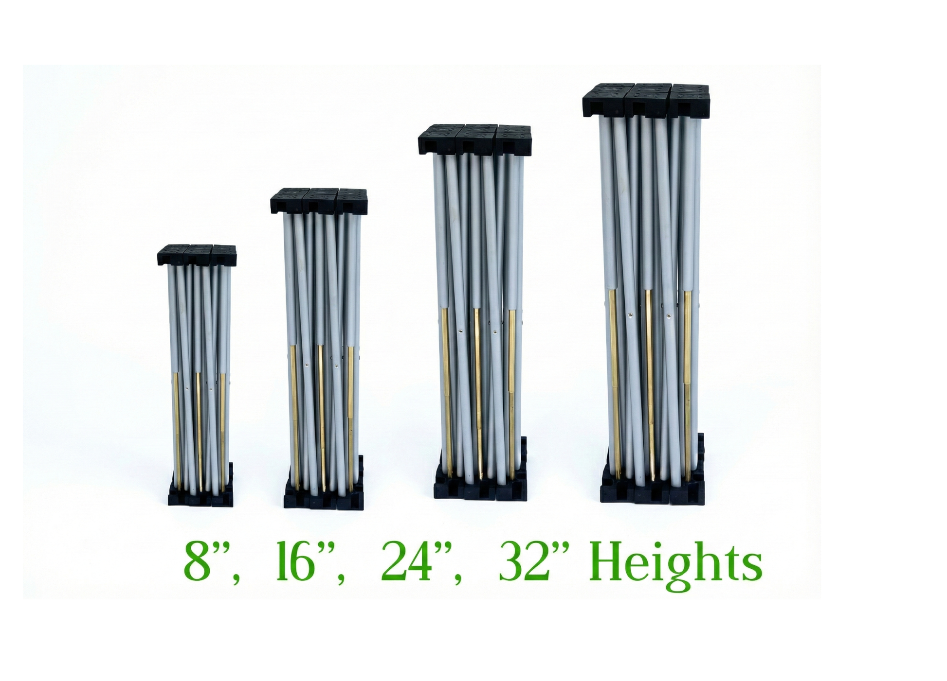 LimeLight stage X riser bases shown in four different sizes for portable stage platforms. Ideal for schools, churches, and event professionals.