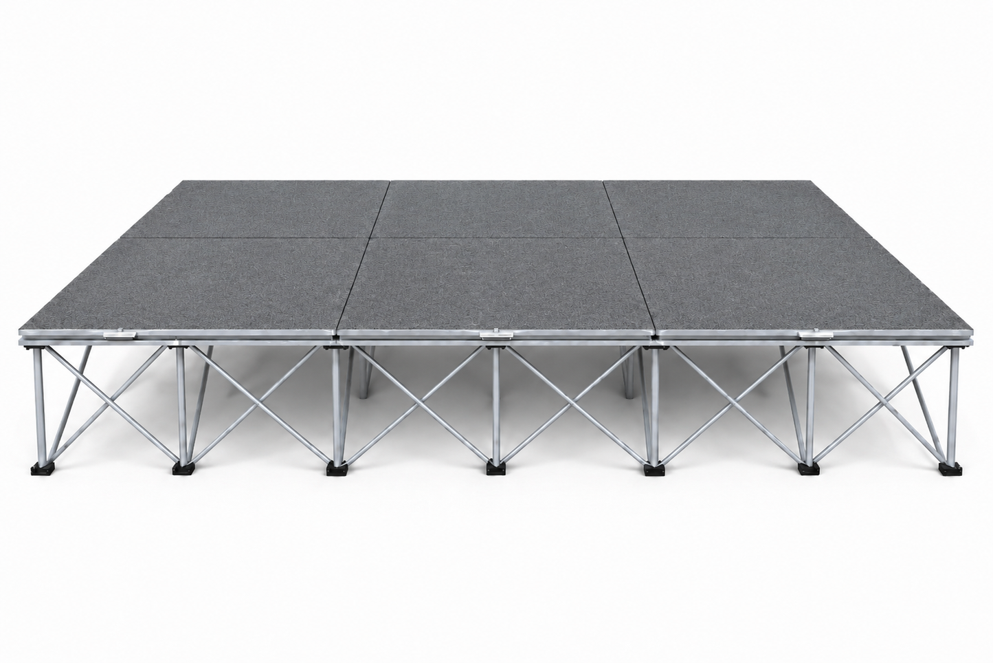 LimeLight Stages 12' x 8' portable stage, 16 inches high, with gray carpet finish.