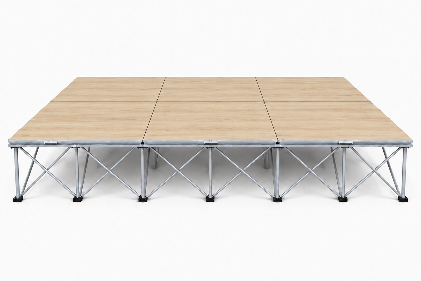 LimeLight Stages 12' x 8' modular portable stage, 16 inches high, with wood laminate finish.